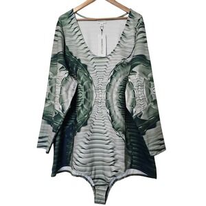 Making the Cut Bodysuit Womens 5X Green Printed Skeleton Stretch Long Sleeve